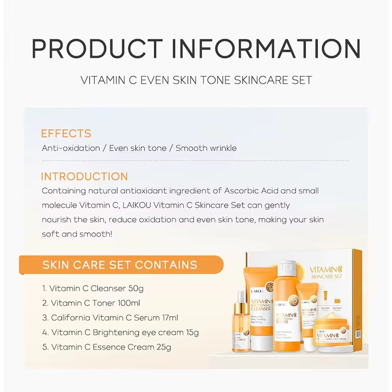 Vitamin C Skin Care Set (5Pcs)Deep Cleansing Facial Cleanser Face Cream Moisturizer Toner Eye Serum Gift Box Skin Care