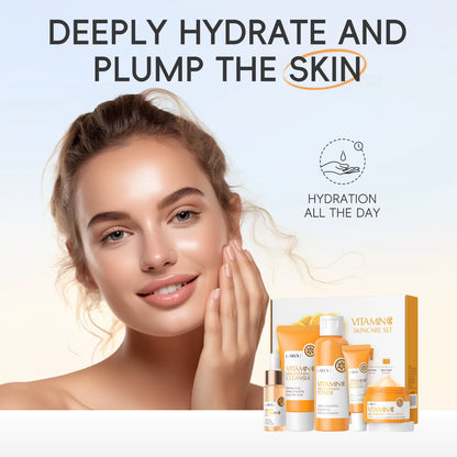 Vitamin C Skin Care Set (5Pcs)Deep Cleansing Facial Cleanser Face Cream Moisturizer Toner Eye Serum Gift Box Skin Care