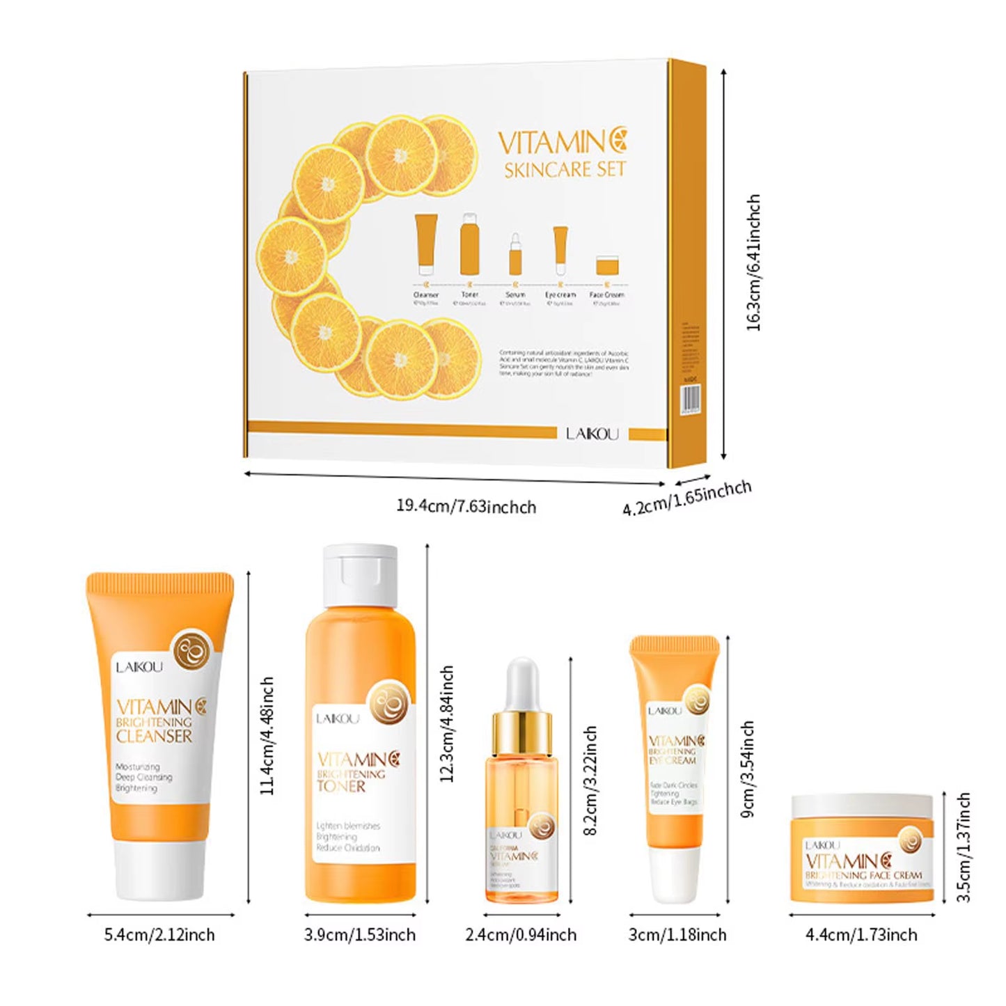 Vitamin C Skin Care Set (5Pcs)Deep Cleansing Facial Cleanser Face Cream Moisturizer Toner Eye Serum Gift Box Skin Care
