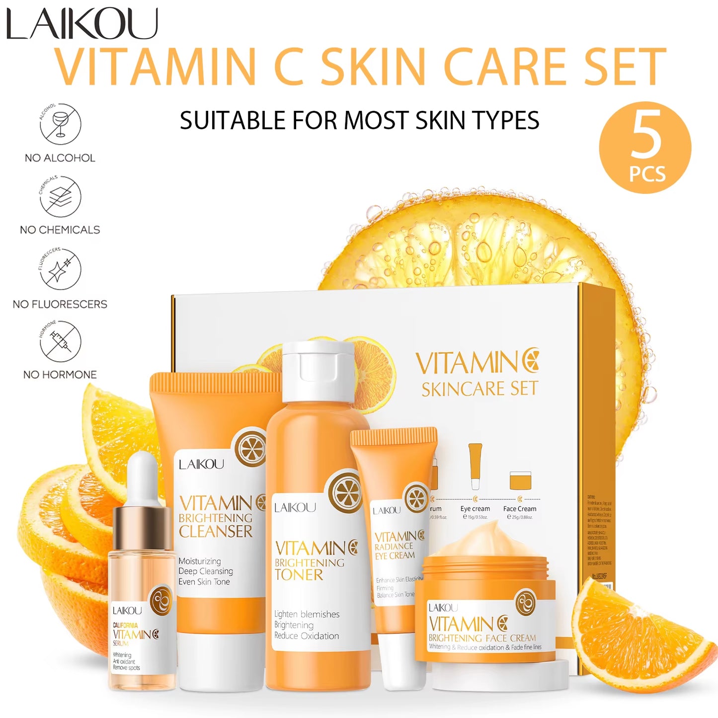 Vitamin C Skin Care Set (5Pcs)Deep Cleansing Facial Cleanser Face Cream Moisturizer Toner Eye Serum Gift Box Skin Care