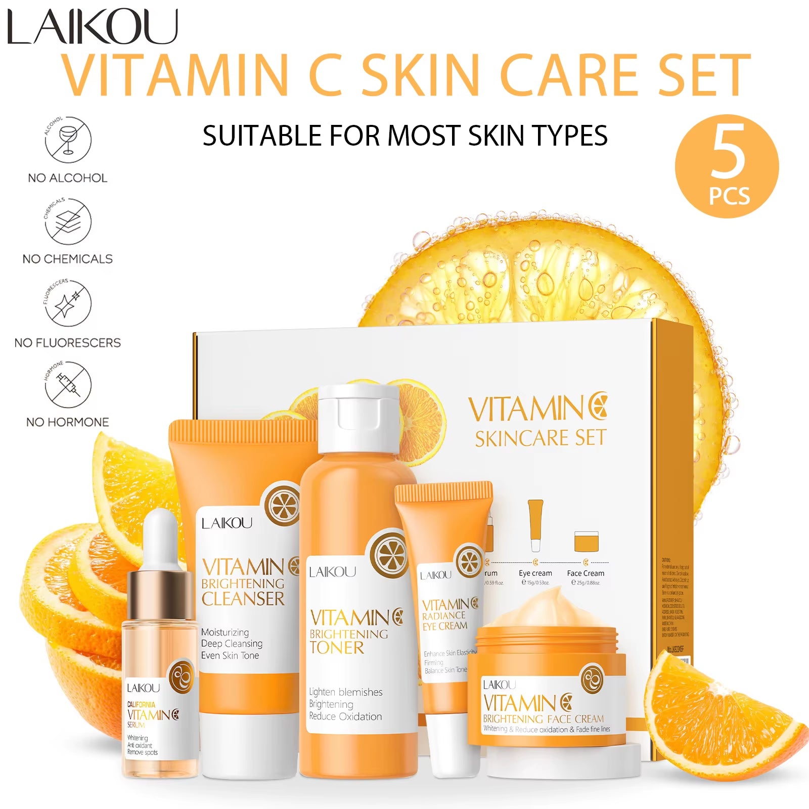 Vitamin C Skin Care Set (5Pcs)Deep Cleansing Facial Cleanser Face Cream Moisturizer Toner Eye Serum Gift Box Skin Care