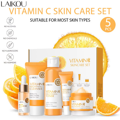 Vitamin C Skin Care Set (5Pcs)Deep Cleansing Facial Cleanser Face Cream Moisturizer Toner Eye Serum Gift Box Skin Care