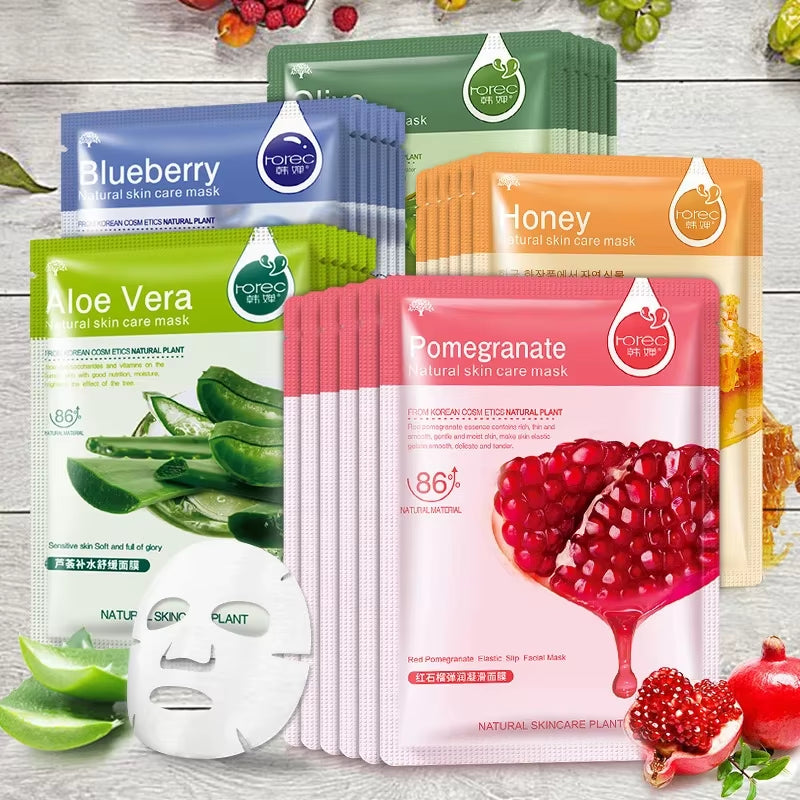 30Pcs Natural Plant Facial Mask Moisturizing Oil Control Anti-Aging Fruit Aloe Korean Sheet Face Mask Beauty Skin Care Prodcuts